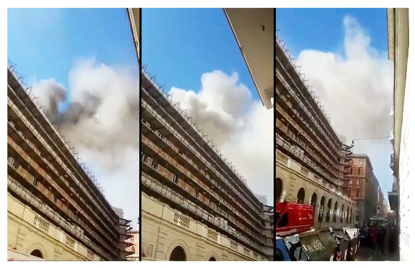 Fiamme sul tetto del Ministero del Lavoro