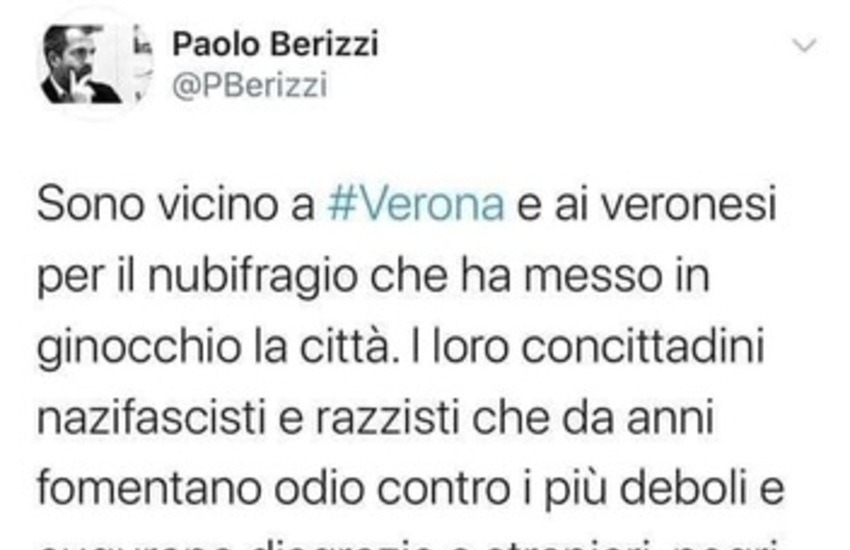 Berizzi, tweet sul nubifragio  di Verona “E’ il karma”. Ass. Polato: “Lo querelo”