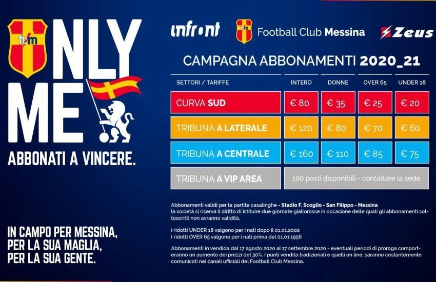 FC Messina, campagna abbonamenti fino al 17 settembre. Ecco costi, riduzioni e punti vendita