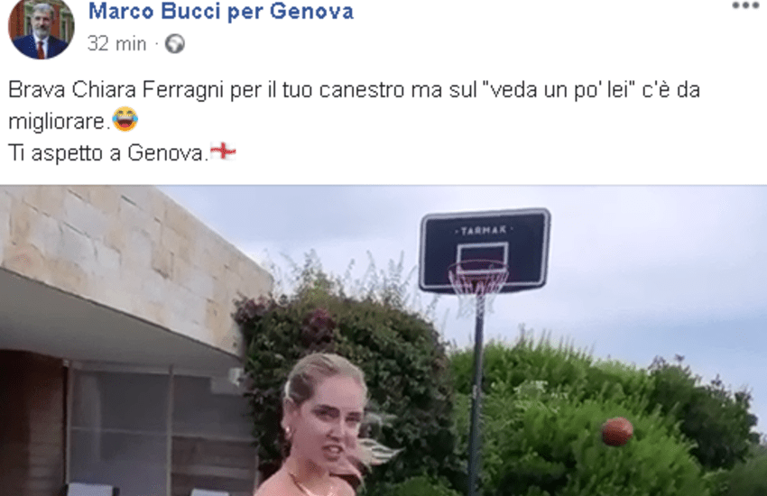 Chiara Ferragni va a canestro e cita il genovesismo “veda un po’ lei” e il sindaco Bucci la invita a Genova