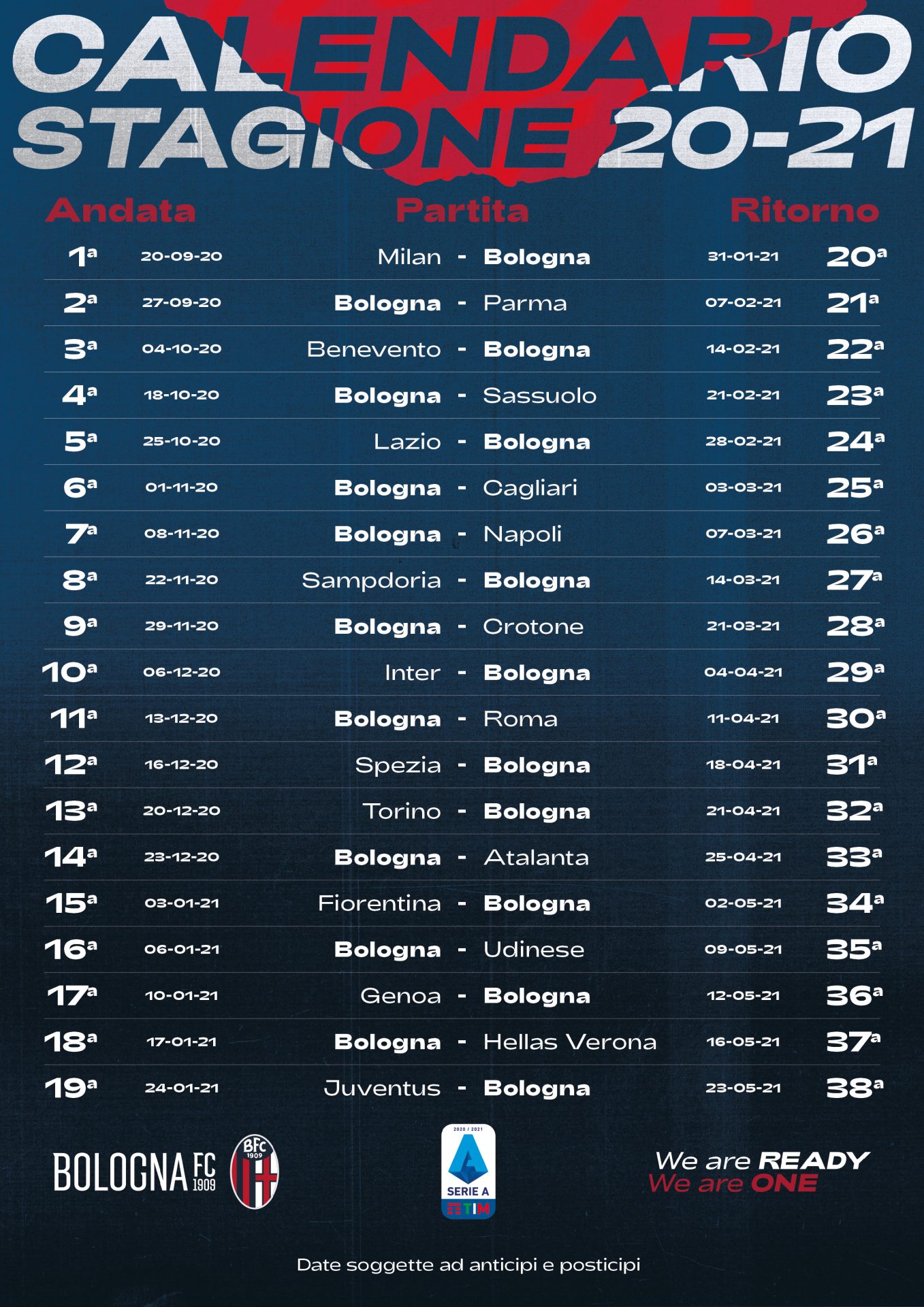 Bologna FC: il calendario 2020/2021 dei rossoblu.