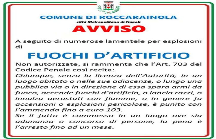 Troppe lamentele, arriva l’avviso del Comune di Roccarainola: “Stop ai fuochi d’artificio non autorizzati”