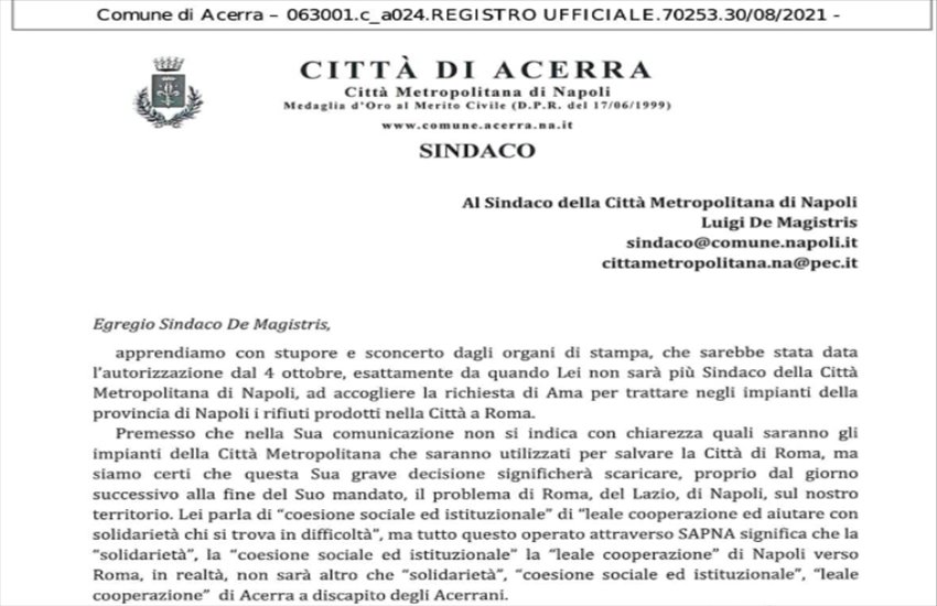 Lettieri scrive a De Magistris: “Acerra non sarà la discarica di Roma”