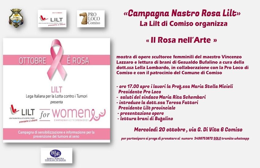 Campagna Nastro Rosa Lilt: a Comiso mercoledì 20 l’incontro “Il Rosa nell’Arte”
