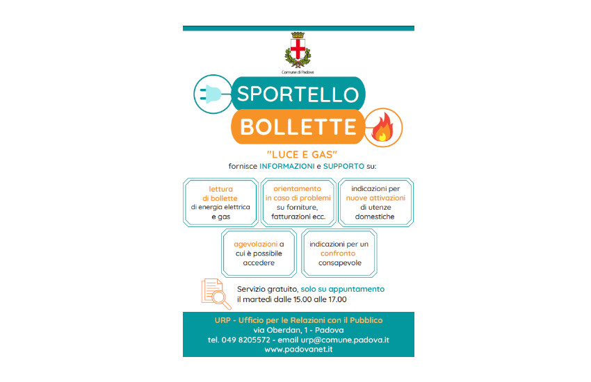 Padova, apre lo “Sportello bollette”: al via dal 12 ottobre all’URP il nuovo servizio offerto dal Comune