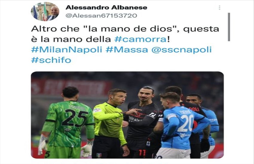 “É stata la mano della camorra”, lo sconcertante tweet del vice-sindaco di Cerano dopo Milan-Napoli