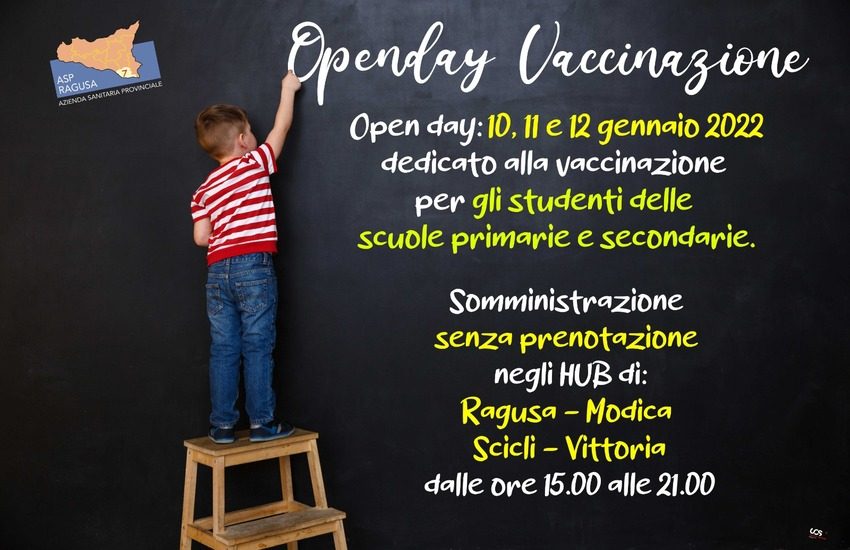Potenziate le attività di vaccinazione per giovani: dal 10 gennaio open day per gli studenti delle scuole primarie e secondarie negli Hub di Ragusa, Modica, Scicli e Vittoria
