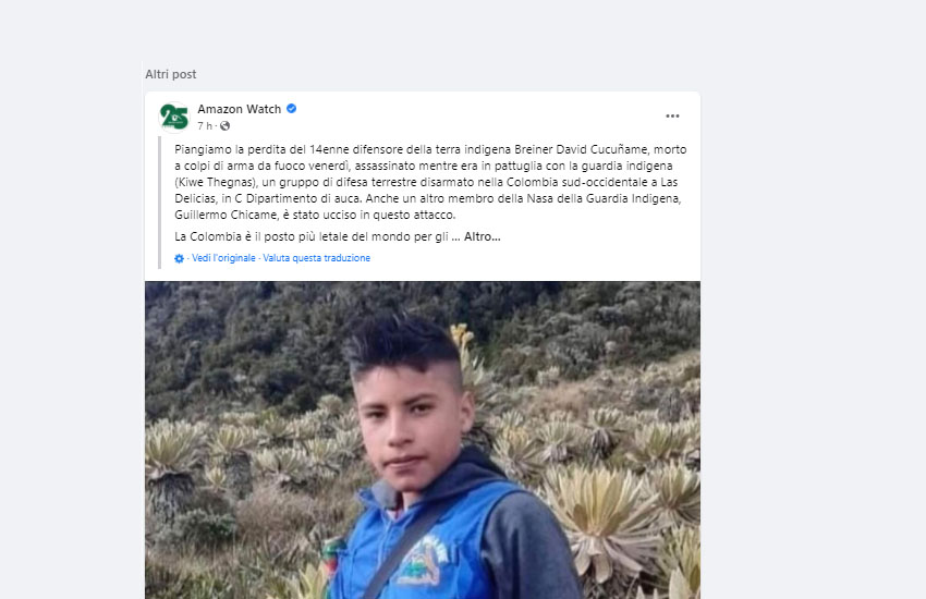 Colombia, ucciso a 14 anni ambientalista dei “Guardiani della terra”. Strage di attivisti