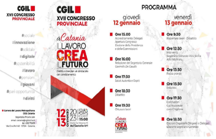 Il 17° congresso Cgil Catania il 12 e il 13 gennaio al FourPoint Sheraton
