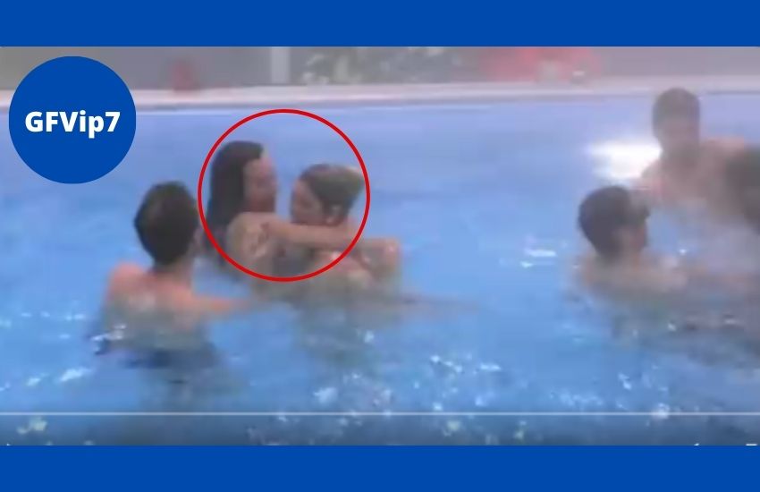 GFVip, il bacio in piscina tra Oriana e Giaele durante il party per Spinalbese – Video
