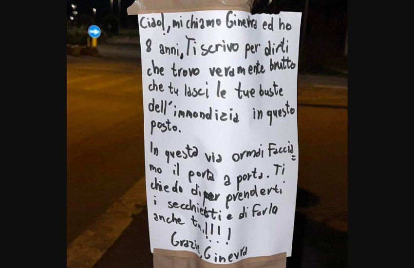 La lezione di civiltà della piccola Ginevra, 8 anni: “Trovo brutto che lascia l’immondizia in questo posto”