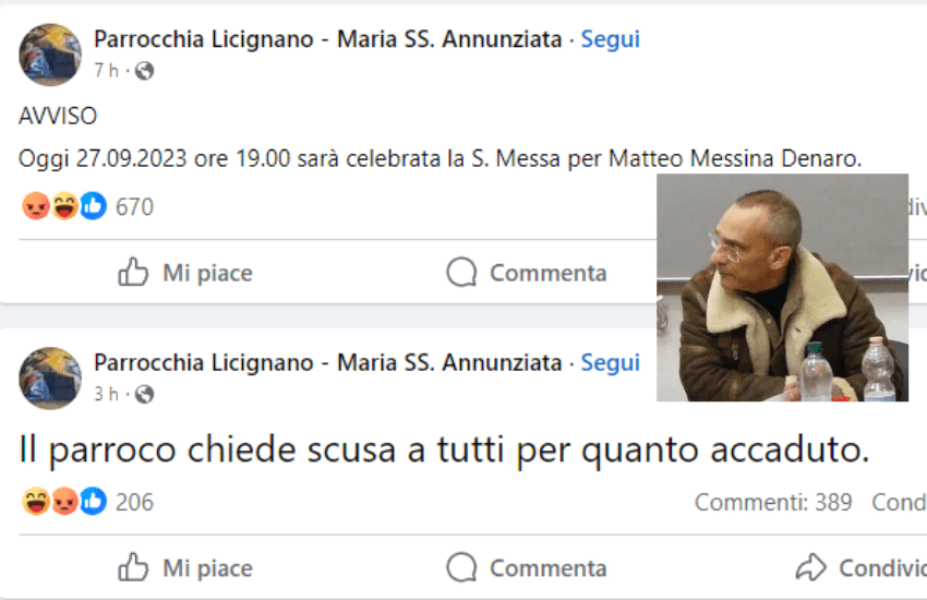 Casalnuovo, parrocco annuncia messa per Messina Denaro ed è travolto dalle polemiche: “Iniziativa raccapricciante”