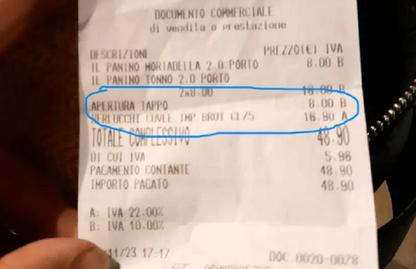 Palermo: enoteca inserisce voce “apertura tappo” al costo di 8€ nello scontrino. È polemica