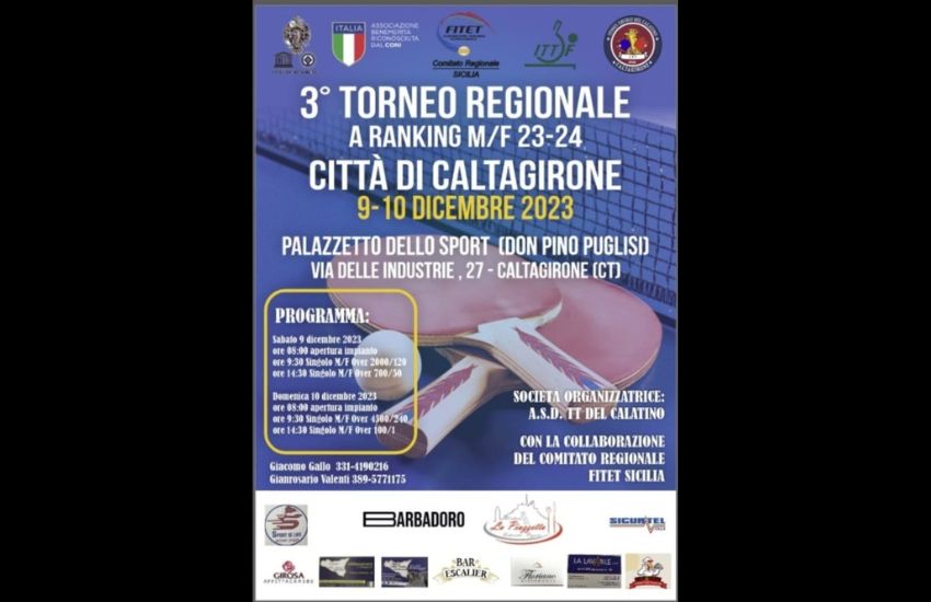 Tennistavolo: a Caltagirone sabato 9 e domenica 10 dicembre le migliori racchette siciliane per il 3° Torneo regionale