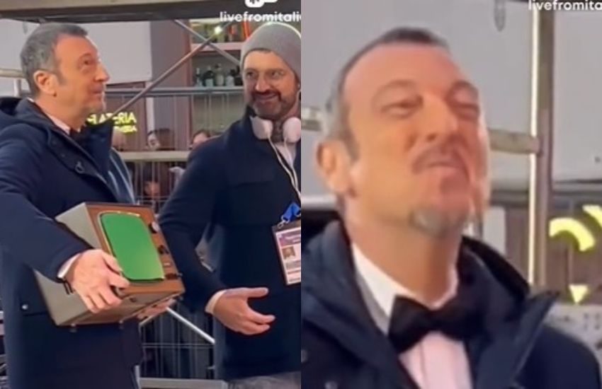 Amadeus gira uno spot per Sanremo, una signora gli grida: “Amore mio!”. La sua reazione è tutta da ridere [VIDEO]