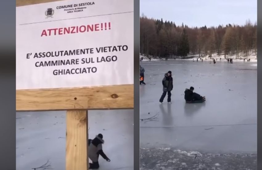 “È assolutamente vietato camminare sul lago ghiacciato”, ma i bambini ci vanno con bob e slittini