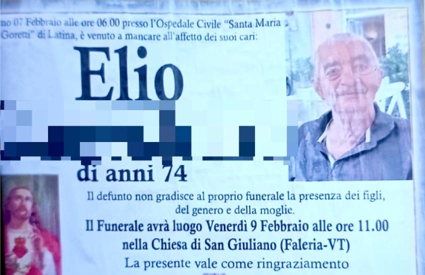 Funerale vietato a moglie, figli e genero; questa l’ultima volontà di Elio, morto all’ospedale Goretti