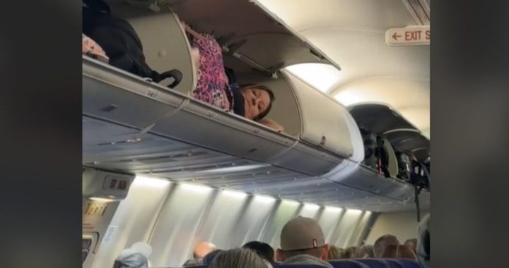 Cosa ci fa una donna nella cappelliera dell’aereo? Il video diventa virale