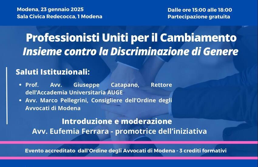 Modena, il 23 gennaio,  si parlerà di “Professionisti uniti per il cambiamento, insieme contro la discriminazione di genere”