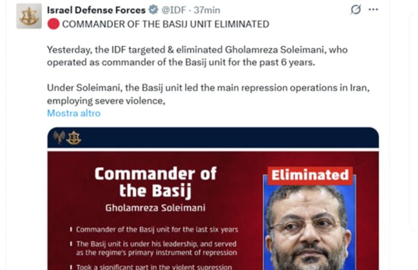 Medio Oriente, Israele annuncia l’uccisione del leader della forza Basij