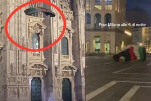 Si lancia con un paracadute con i colori della Palestina dal Duomo di Milano: denunciato un 32enne
