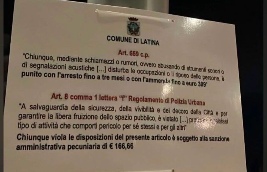 Latina Scalo, un cartello contro rumori molesti e comportamenti pericolosi “rinfresca” la memoria sulle leggi già vigenti